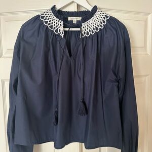 Lalavon Navy Peasant Blouse with White Crochet Collar